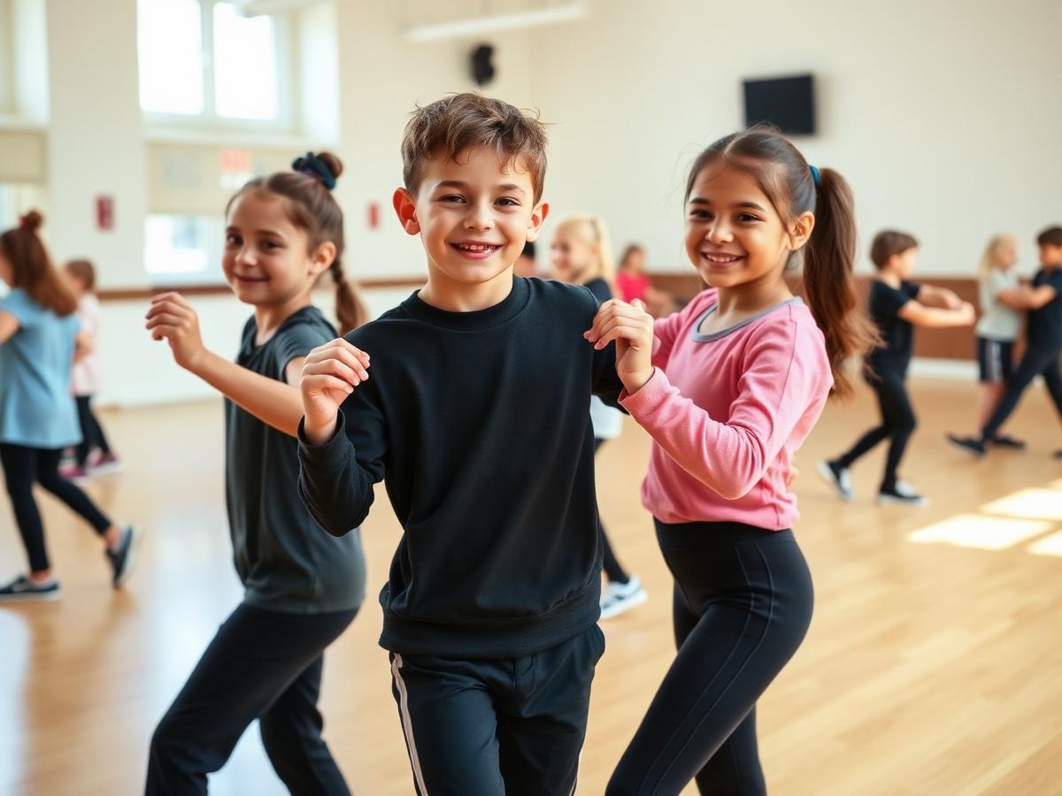 Children learning ballroom dancing in a school hall